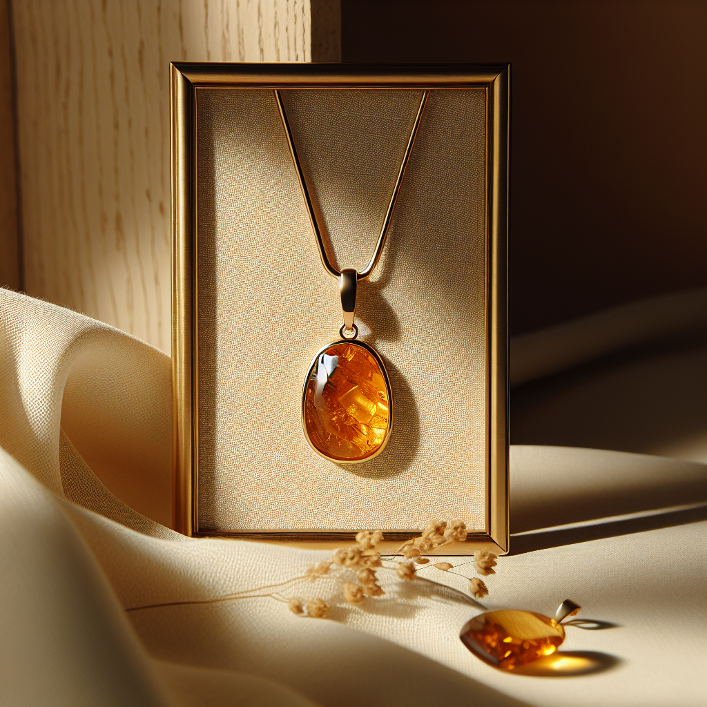 Nærbilde av et elegant ravanheng innrammet i gull, på en myk kremfarget bakgrunn, med varm, naturlig belysning og minimalistisk styling