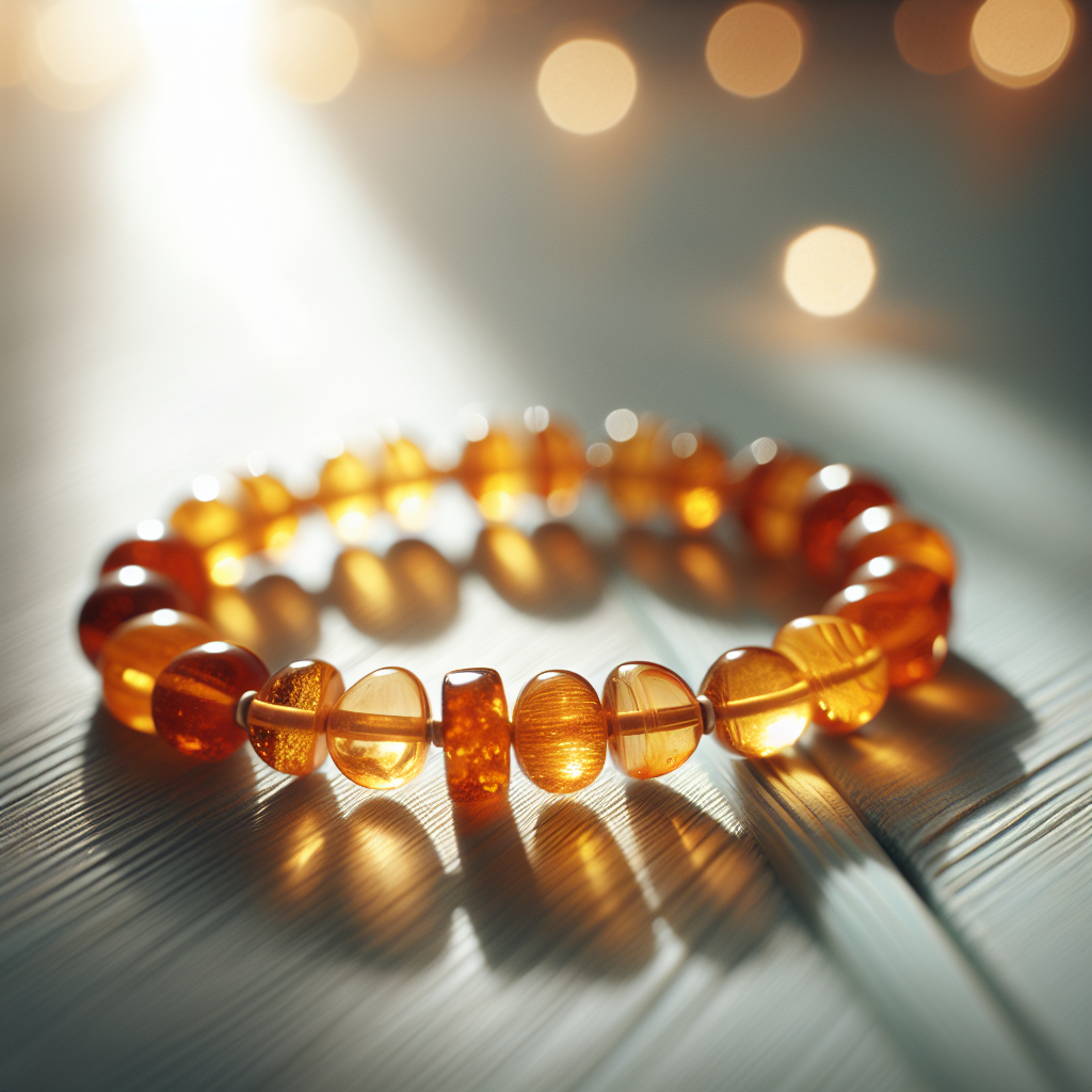 Nært bilde av et elegant ravarmbånd med varme honningfarger i naturlig lys, lagt på lys treflate med myk bokeh i bakgrunnen