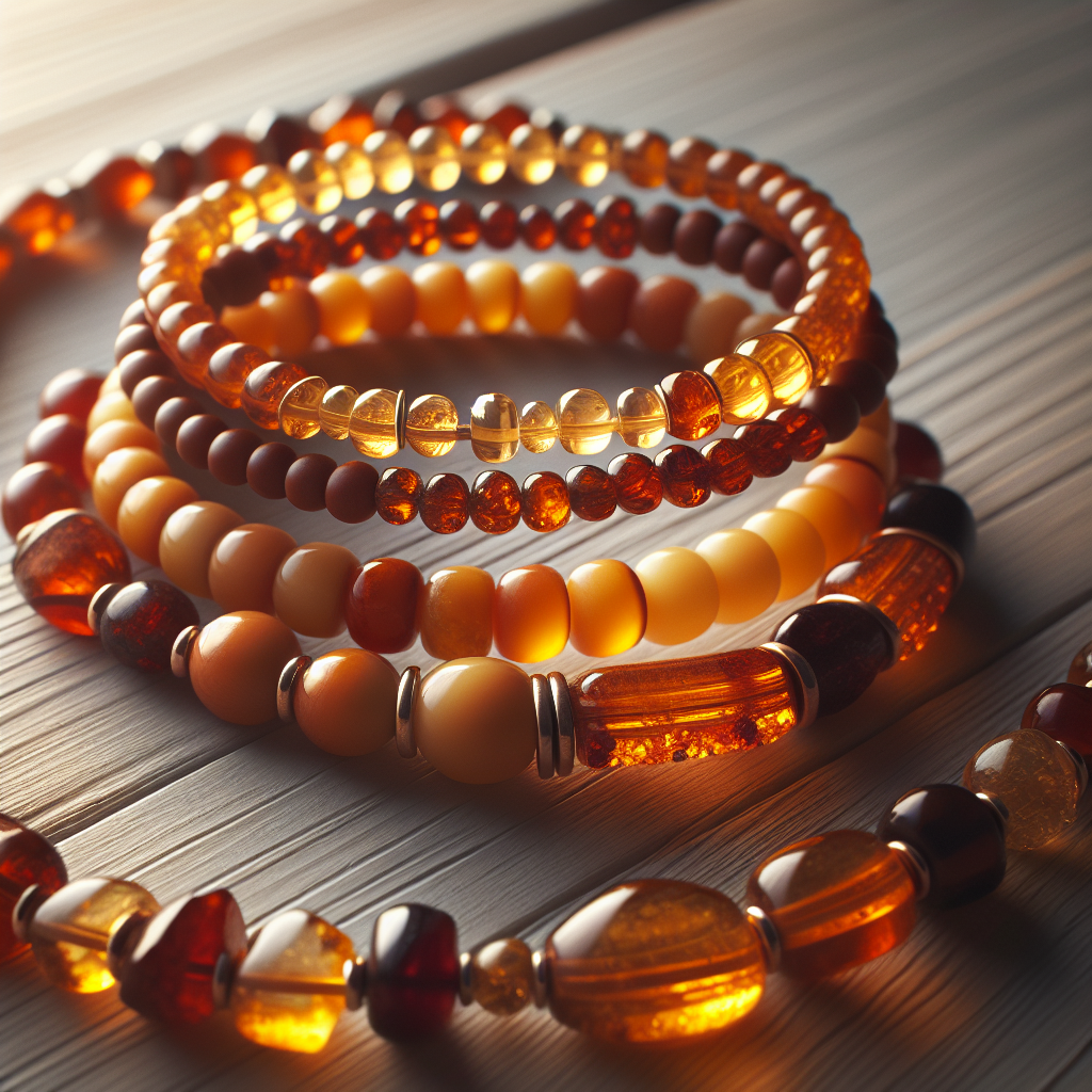 Nærbilde av flere ravarmbånd i lag: ulike nyanser fra lys honning til dyp cognac på et lyst trebord, myk naturlig belysning, minimalistisk og elegant komposisjon